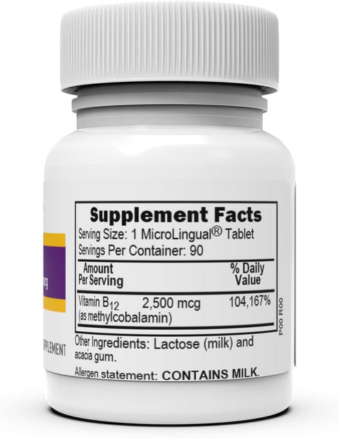 Superior Source No Shot Vitamin B12 Methylcobalamin 2500 mcg, Quick Dissolve MicroLingual Tablets, 90 Count, Active Form of B12, Supports Energy Production, Nervous System Support, Non-GMO