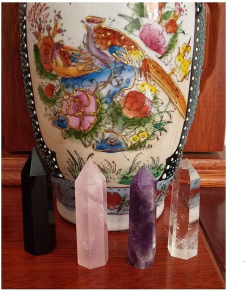 Metaphysical Healing Dowsing Stone Wands Towers Set of 4 - Amethyst, Rose Quartz, Rock Crystal, Black Tourmaline