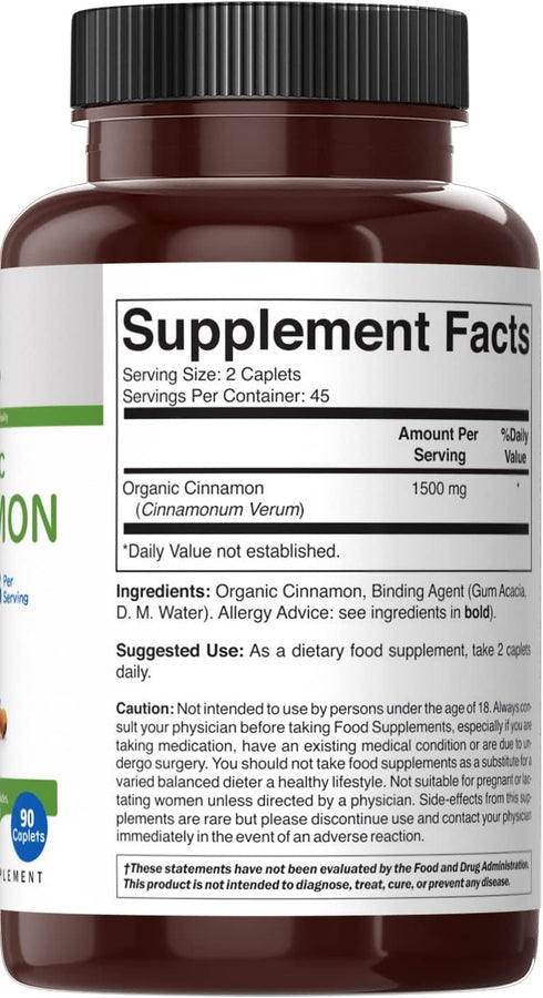 Brieofood Organic Cinnamon 1500mg, 90 Vegetarian Tablets, 45 Servings, Gluten Free, Vegetarian