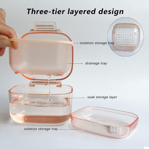 Denture Bath Box, Three-Layer Retainer Case for Mouth Guards, Non Full Denture Cup, Orange