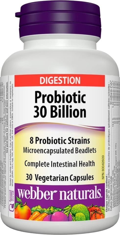 Webber Naturals Probiotic - 30 Billion with 8 Probiotic Strains, 30 Capsules for Digestive Health