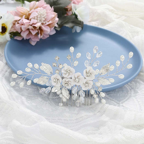 Unicra Silver Flower Bride Wedding Hair Comb - Pearl & Crystal Bridal Headpiece Jewelry for Women and Girls