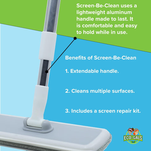 Screen-Be-Clean All Purpose Cleaner Brush, Duster, Window Squeegee Tool Kit for Wet and Dry Use on Glass and Screens.
