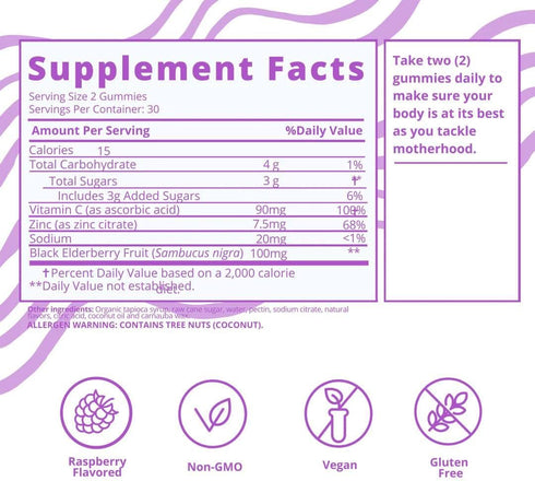 Baby Blues Berry Boost Elderberry Gummies for Moms - Immune Support with Zinc & Vitamin C, Non-GMO, 60 Pieces