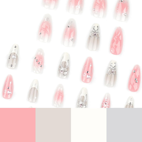 Press on Nails Medium Almond SWEKKE, Full Cover Fake Nails with 3D Bow Designs, 24Pcs Cute Acrylic Nails