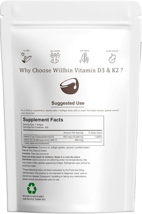 2-in-1 Vitamin D3 K2 Softgel - 10000 IU VIT D3 + 200 MCG K2, Bone & Cardiovascular Health Support - 300 Pcs