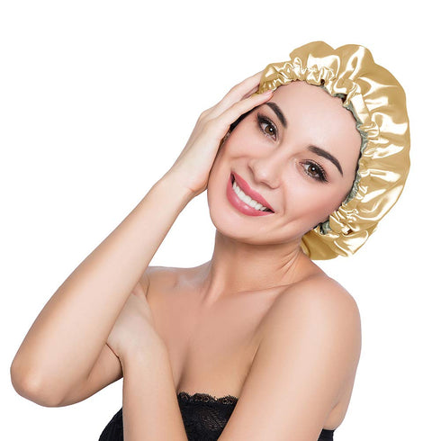Stain Bonnet Adjustable Satin Sleep Cap - Reversible Double Layer Gold/Lime for Night Hair