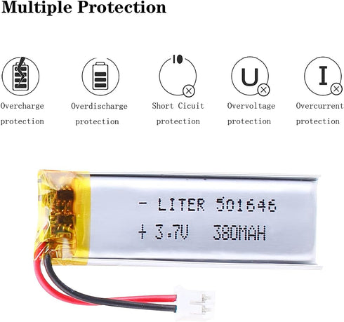 3.7V Lipo Battery 380mAh, Rechargeable Lithium Ion Polymer Battery 501646 with JST Connector