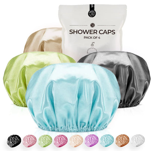 Reusable Extra Large Shower Cap for Women - 4 Pack Satin Double Layer EVA Waterproof Long Hair Caps (Baby Blue, Brown,