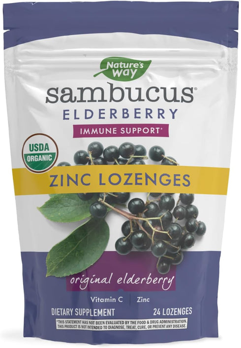 Nature’s Way Sambucus Organic Zinc Lozenges, Elderberry and Zinc with Vitamin C, 24 Lozenges