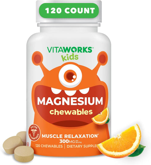 Kids Magnesium Chewable 300mg Supplement, Great Tasting, Vegan, Non-GMO, Gluten Free, 120 Chewables