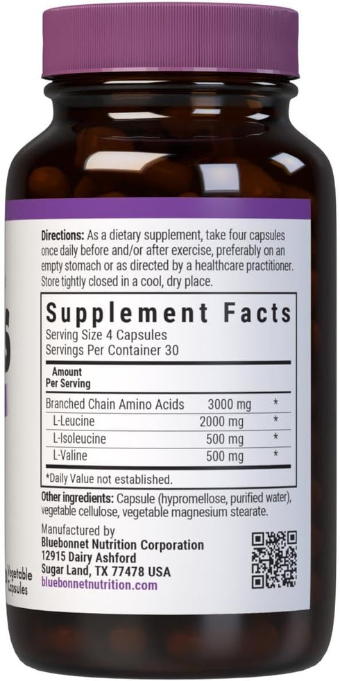 Bluebonnet Nutrition BCAAs 4:1:1 Ratio, 120 Vegetable Capsules, Non-GMO, Vegan, Kosher Certified