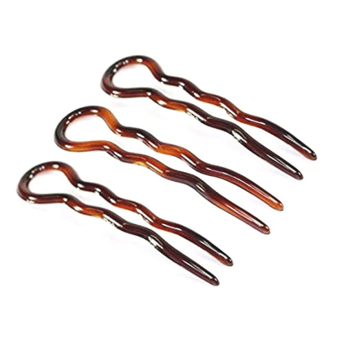 Parcelona Large 3 1/2" Brown Tortoise Shell Wavy Crink U Shaped Chignon Hair Pins Set of 3 Made in France for Women and