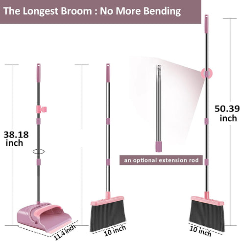 kelamayi Broom and Dustpan Set for Home, Office, Indoor & Outdoor Sweeping, Stand Up Broom and Dustpan (Pink).
