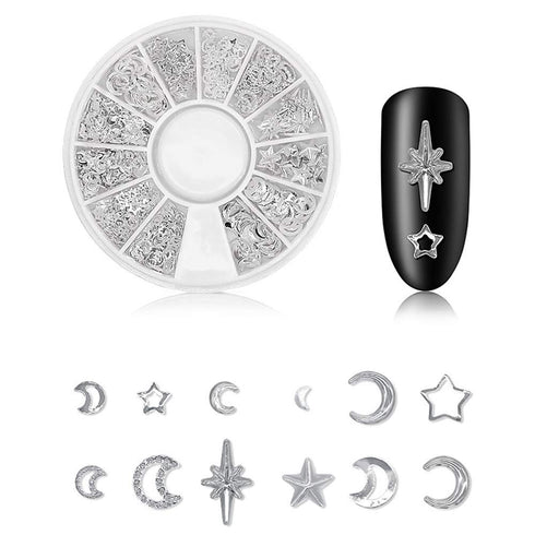 WOKOTO 6 Boxes Nail Art Studs Set, Gold Silver Hollow Star Moon Flower Rivet Kit with Tweezers and Picker Pencil