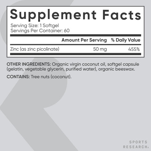 Sports Research Zinc Picolinate 50mg with Organic Coconut Oil - 60 Liquid Softgels, Highly Absorbable Zinc Supplement