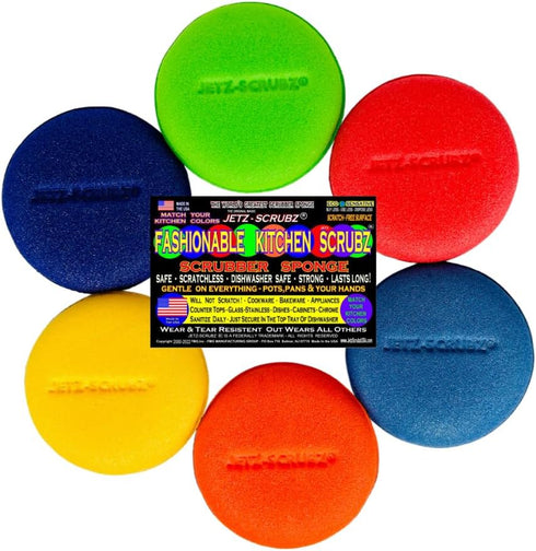 Jetz-Scrubz Fashion Rainbow Classic Round Kitchen Scrubber Sponges, Set of 6