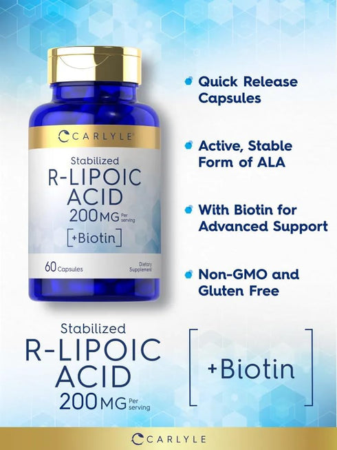 Carlyle R-Lipoic Acid 200mg, 60 Capsules, Stabilized R-Lipoic Acid with Biotin, Non-GMO, Gluten Free
