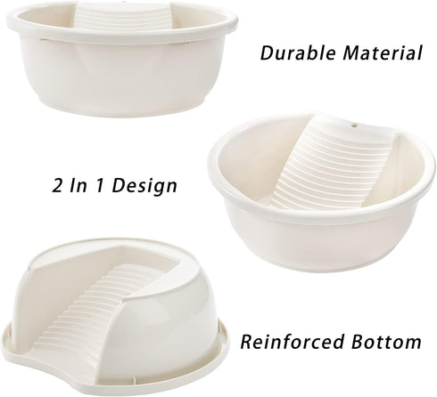 SOUJOY 2 Pack Washboard Basin: Plastic Non-Slip Washtub with Integrated Washboard for Hand Washing Clothes.