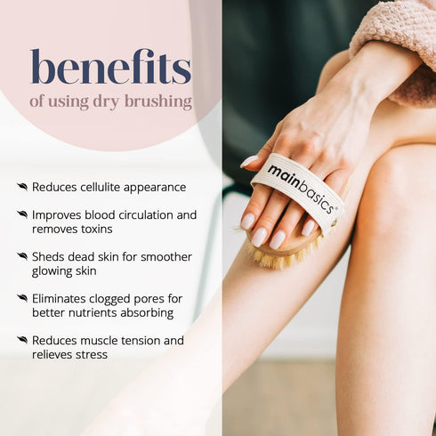 MainBasics Dry Brushing Body Brush for Lymphatic Drainage, Cellulite, Blood Circulation with Natural Bristles