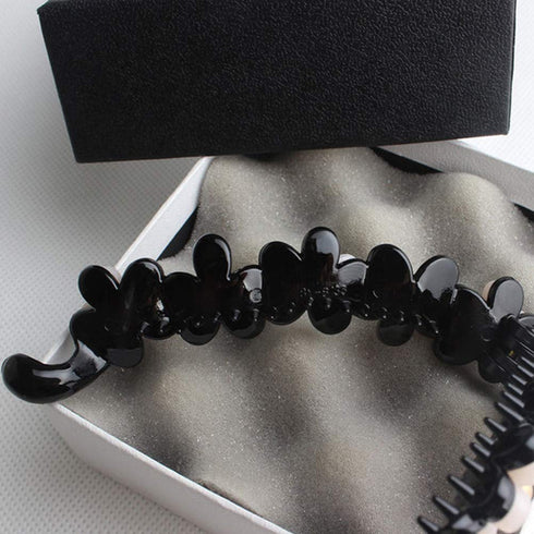 Lurrose Toothed Banana Hair Clips for Women Girls, Strong Tension Ponytail Holder, Black Flower Barrette