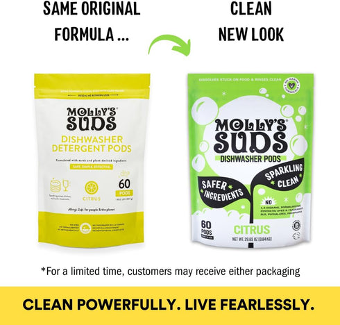 Molly's Suds Dishwasher Pods, Natural Detergent, Cuts Grease & Rinses Clean, 60 Auto-Release Tabs (Citrus)