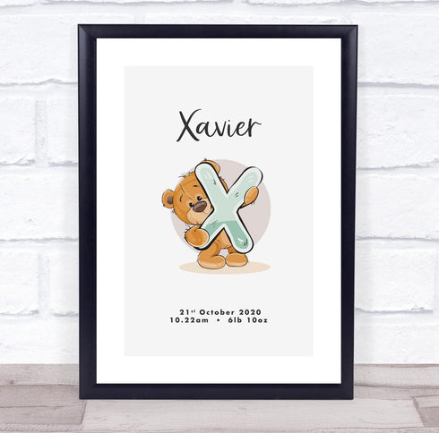 The Card Zoo New Baby Birth Details Christening Nursery Bear Initial X Keepsake Gift Print