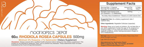 Nootropics Depot Rhodiola Rosea Capsules | 500mg | 60 Count | 3% Rosavins | Adaptogen Herb | Supports Brain Health*