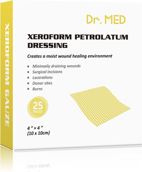 Dr.Med Xeroform Petrolatum Dressing Patch, 4"x4", 25 Pcs/Box, Non-Adherent Gauze Dressings for Minor Burns, Lacerations