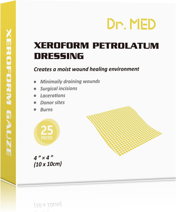 Dr.Med Xeroform Petrolatum Dressing Patch, 4"x4", 25 Pcs/Box, Non-Adherent Gauze Dressings for Minor Burns, Lacerations