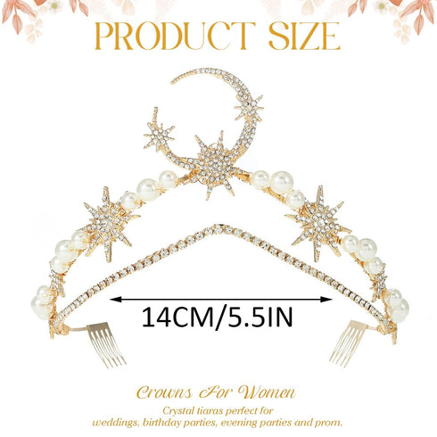 Yean Moon Star Wedding Headband, Gold Rhinestone Pearl Headpiece, Crystal Bridal Hair Accessories for Women and Girls