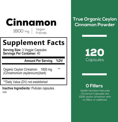 Pure Cinnamon Capsules 1800mg - Certified Organic Ceylon Cinnamon Powder from Sri Lanka, Non-GMO, Gluten Free, Vegan, Sugar Free, True Cinnamomum Supplement Antioxidant Rich Cinnamon Pills - 120 Count