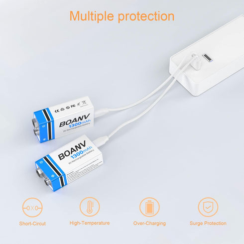 2PCS 1300mAh 9V Rechargeable Batteries with 2 in 1 Charging Cable for Smoke Detectors, Alarms, Keypad, Microphone