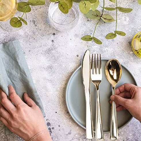 MATANA 180 Bulk Gold Plastic Silverware Set - 60 Knives, 60 Forks, 60 Spoons - Reusable Gold Cutlery for Parties &