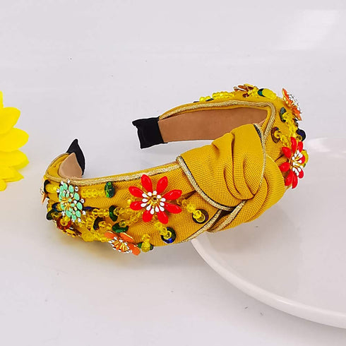 Rhinestone Crystal Wide Headbands, Vintage Knot Turban Fashion Hair Accessories for Women Girls (Yellow)
