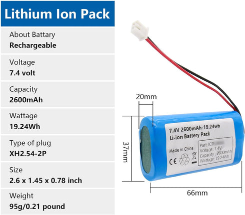 7.4V 2600mah-19.24Wh Rechargeable Li-ion Battery Pack, Replacement Batteries with XH2.54-2P Connector, for DIY Electronics Products, Toys, Lighting, Equipment