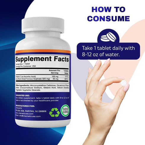 Vitamatic Ferrous Sulphate 325 mg + Vitamin C 100 mg - 250 Coated Tablets High Potency Iron Supplement Made in USA