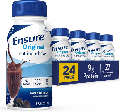 Ensure Original Dark Chocolate Nutrition Shake, Meal Replacement Shake, 24 Pack, Plastic Bottle
