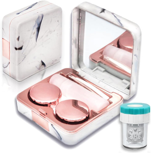 Contact Lens Case with Cleaner Washer, Portable Cute Eye Contacts Applicator Remover Tool Kit with Mirror (Rose Gold)