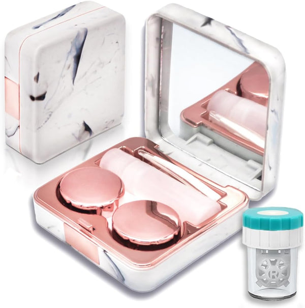 Contact Lens Case with Cleaner Washer, Portable Cute Eye Contacts Applicator Remover Tool Kit with Mirror (Rose Gold)