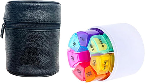 HONITANO Weekly Pill Organizer 28 Compartments Portable Round Medicine Box with Colorful Pu
