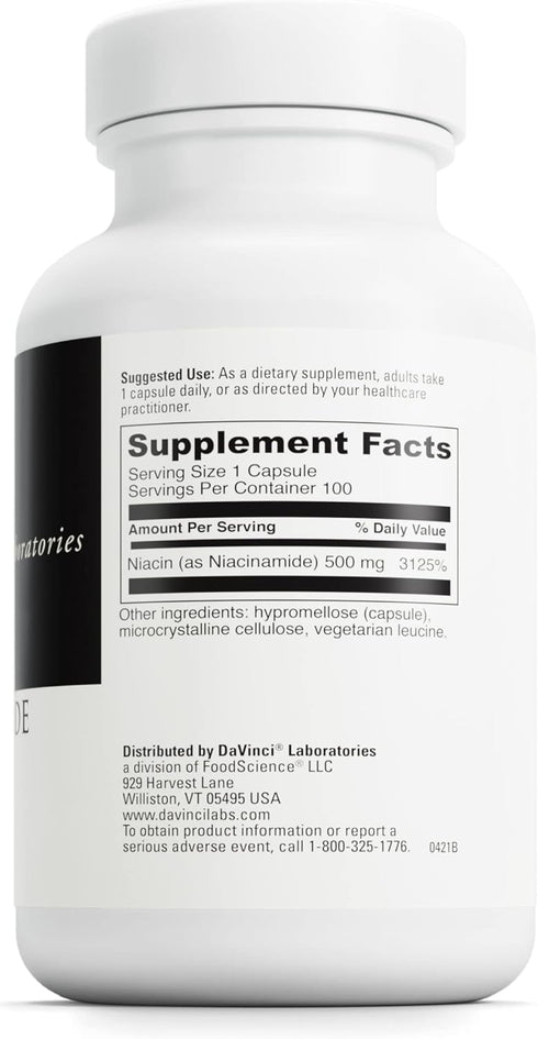 DAVINCI Labs Niacinamide - Dietary Supplement with Vitamin B3 to Support Fat Metabolism, Circulation and Healthy Skin* - with 500 mg Niacinamide per Serving - Gluten-Free - 100 Vegetarian Capsules