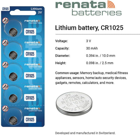 Renata CR1025 Batteries - 3V Lithium Coin Cell 1025 Battery (2 Count)