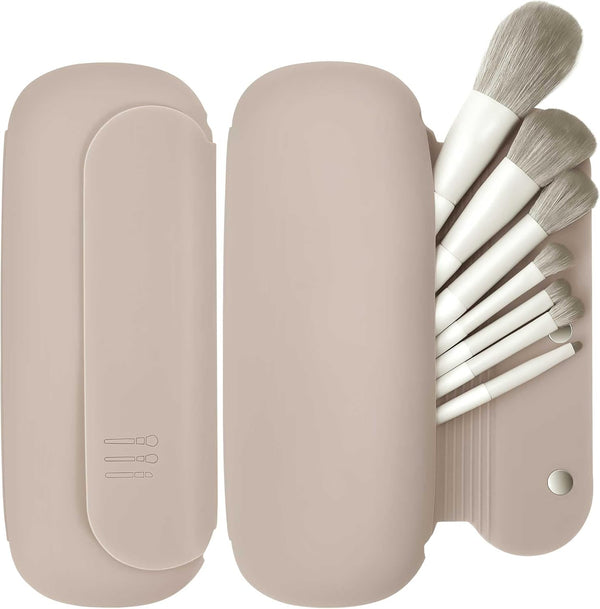 Travel Makeup Brush Holder, Upgrade Khaki Silicone Cosmetic Face Brushes Case, Magnetic Anti-fall Out Makeup Tools