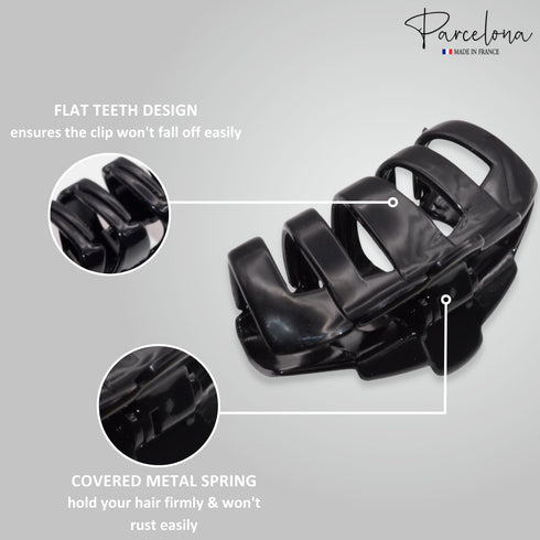 Parcelona French Tubular Black 3" Hair Claw Clip, Celluloid Covered Spring No Slip Grip for Women