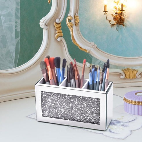 Mirrored Makeup Brush Holder Organizer, 3 Compartments Cosmetic Brush Storage Holders, Crushed Diamond Pen and Pencil