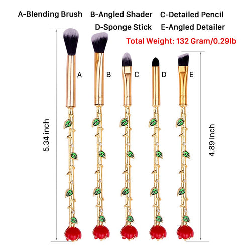 Rose Eye Makeup Brush Set - 5pcs Wand Brushes with Soft Synthetic Fiber for Eyebrow, Eyeshadow, Foundation, Gold