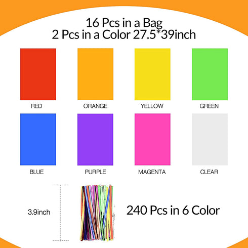 16 Pcs 28 x 40 Inch Cellophane Sheets Cello Wraps Colored Cellophane Paper Transparent Colored Gift Wrap Cellophane with 240 Pcs Metallic Twist Ties, for DIY Arts Crafts Gifts Wrapping
