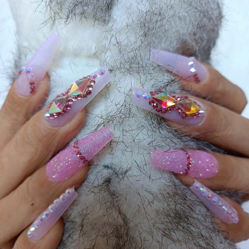 Pink Press On Nails - Luxury Fake Nails with Powder Sequins Art, Acrylic False Tips for Women and Girls