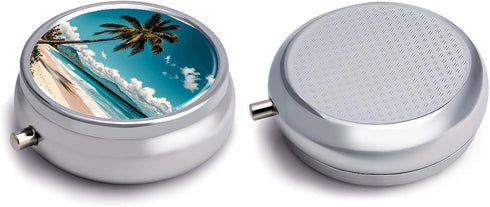 LPSADGF 3 Palm Tree Hawaii Beach Medicine Pill Case, Compartment Round Pill Box, Portable Decorative Medicine Organizer